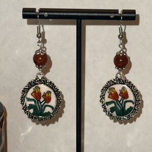 Floral Silver and Red Earrings